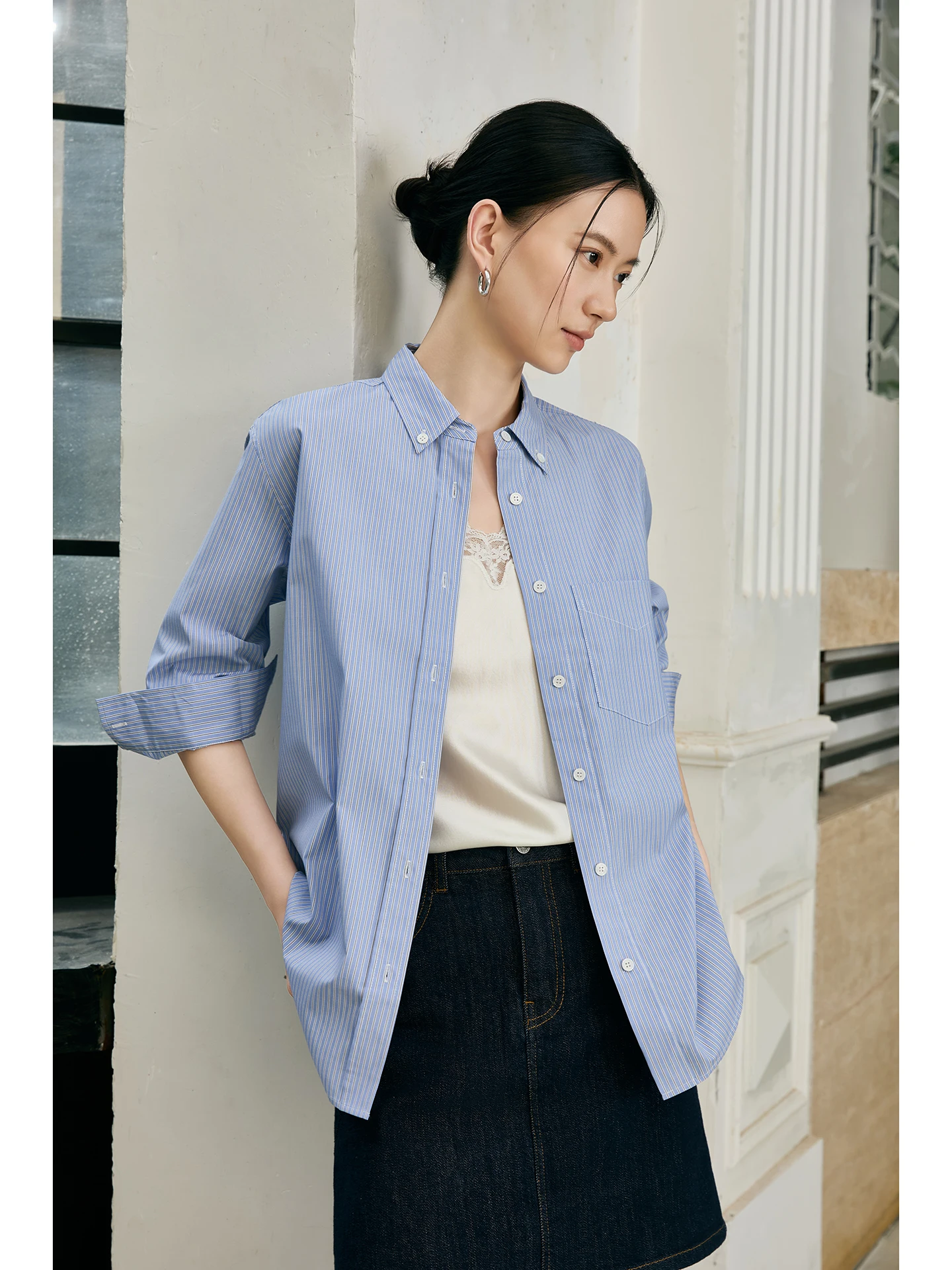 

Jaimin New Arrival Casual Blue White Stripes Simple Collar irt Can Be Worn for Commuting And Casual Ocns 642298