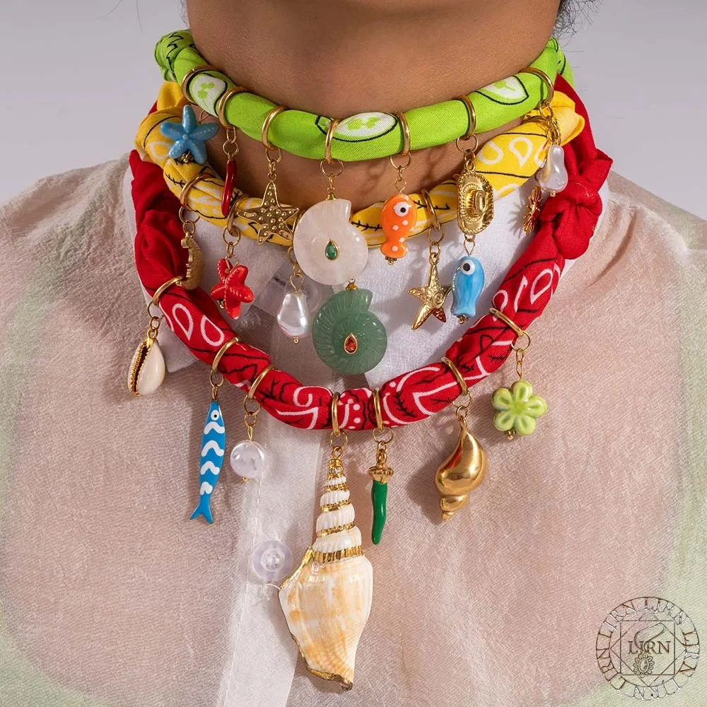 

2025 New Stainless Steel Necklace Colorful Silk Scarf DIY Fish Shell Handmade Pendant Choker Accessories Women Jewelry