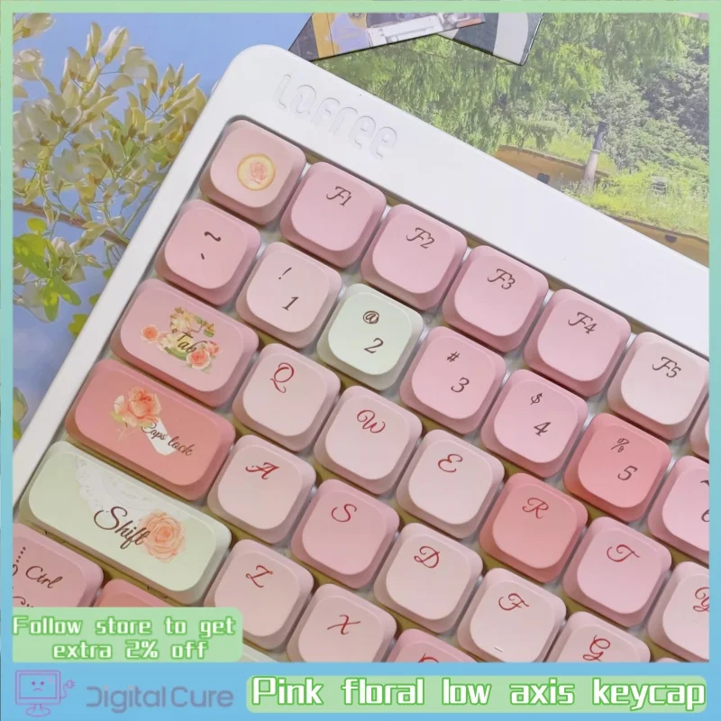 

Pink floral low axis keycap PBT material 120key five sided thermal sublimation ADA axis mechanical keyboard keycap for lofree