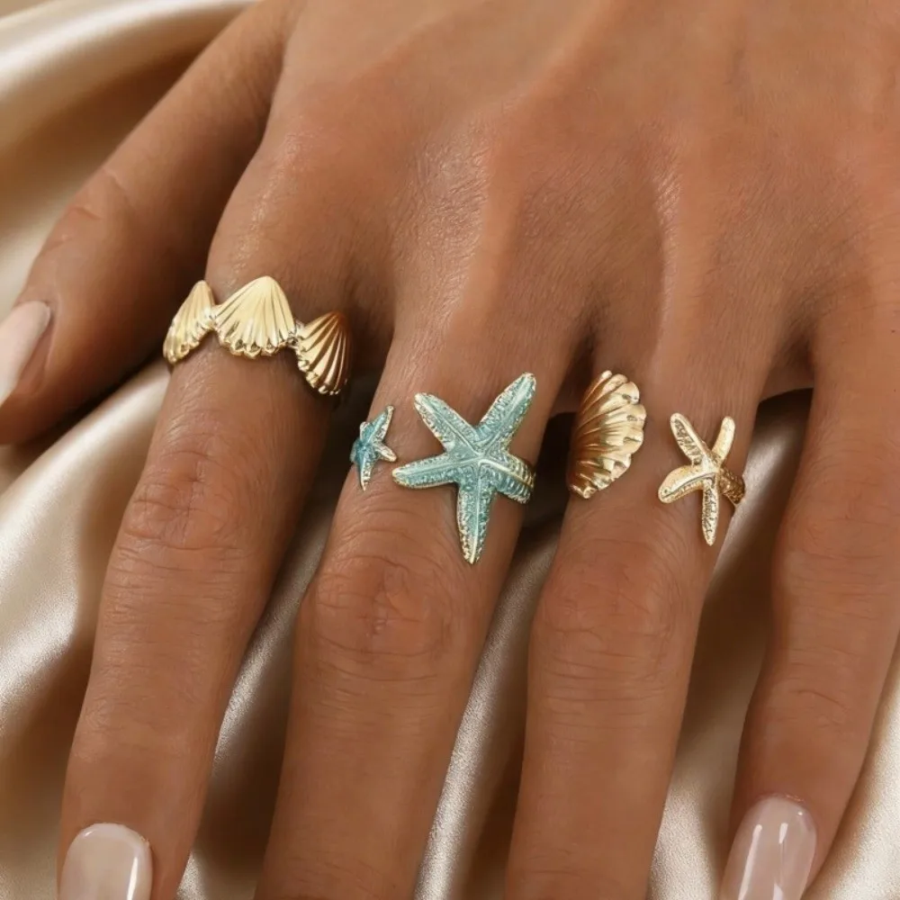 3/5Pcs New Metal Starfish Open Ring Set Gold Color Conch Finger Open Rings Stackable Adjustable Geometric Rings Jewelry