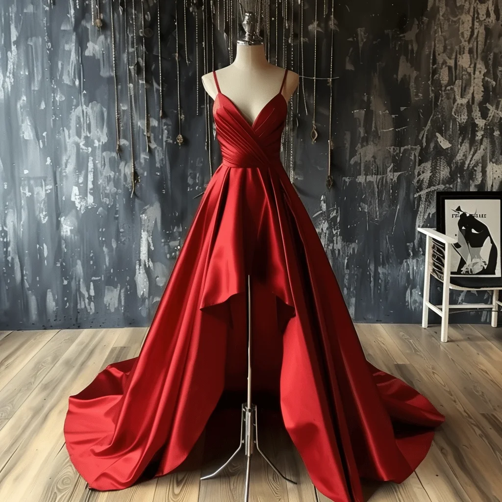 

Custom Color Red Floor Length Lace Up Back Spaghetti Straps Hi-Lo Evening Dress Brithday Party Formal Occasion Skirt W5-22