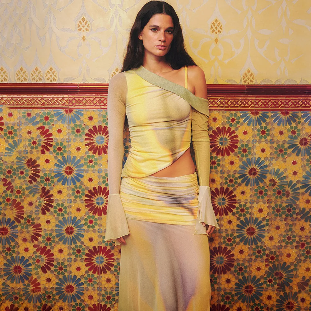 Impressão conjunto de duas peças feminino um ombro manga longa camiseta e saia maxi conjuntos de correspondência feminino elegante vestido de impressão conjunto