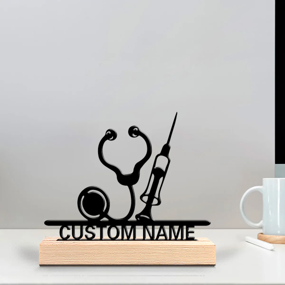 1pc Stethoscope and needle Custom Name Tin Statue Metal Figurine With Wood Base Metal Sculpture With Wood Base For Friend Gifts