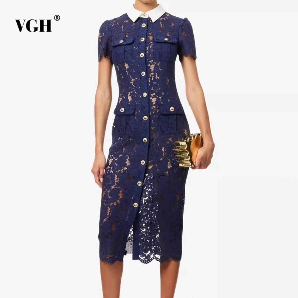 

VGH Sexy Hollow Out Lace Slimming Dresses For Women Lapel Short Sleeve High Waist Spliced Pocket Chic Dress Female Fashion New