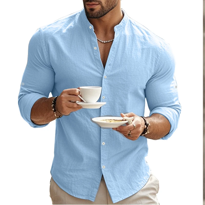 

Summer New Men's Linen Casual T-Shirt Long-Sleeved Pure Color Small Stand-Up Collar Slim Men's Clothing