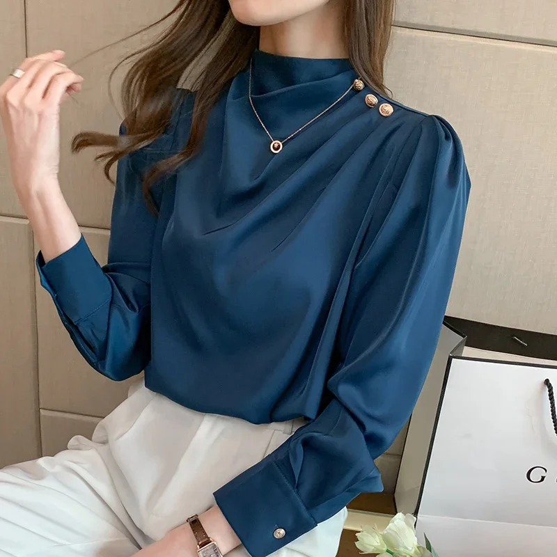 

Summer Fall OL Women Satin Blouses Long Puff Sleeve Stand Metal Buttons Shirt Casual Turtleneck Solid Color Chiffon Tops Z357