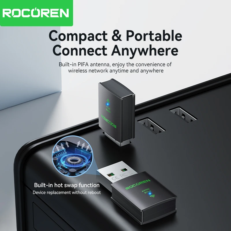 Rocoren AX900 2in1 USB WiFi 6 Bluetooth 5.4 Adapter Dongle DualBand 2.4G&5GHz USB WiFi Network Wireless Receiver Driver Free