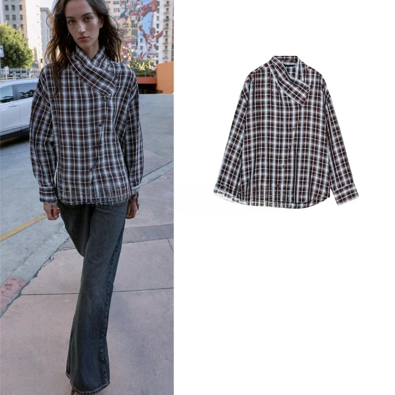 

Spring New Loose Long Sleeve Retro Plaid Asymmetric Double Breasted Shirt Women's Casual Style Polyester Fiber Non Shrinkable