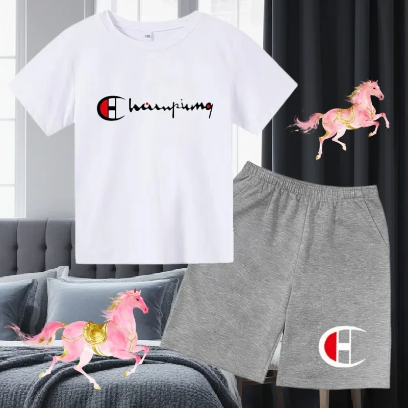 

A two-piece summer clothing set featuring black lettering patterns, suitable for boys and girls participating in outdoor activit