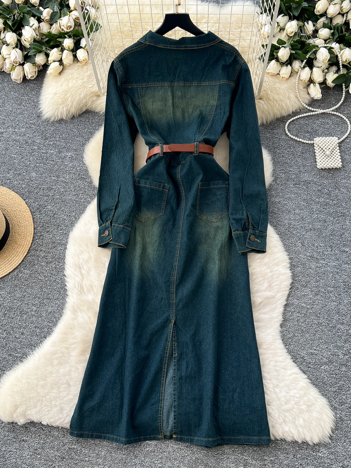 Retro Hong Kong Sle Long Sve Dr Women's Autumn Waist Cinching Midi Length Denim Skirt High Waist A-Line Dr