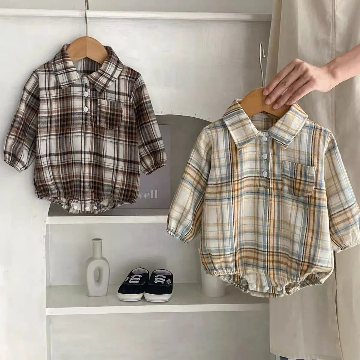 Ircomll 2 pcs Infant Baby Plaid Shirt Design Bodysuit College Style Long Sleeves Newborn Jumpsuit Kids Newborn Autumn Clothing