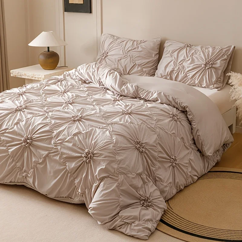 3pcs Diamond Pattern Bedding Set 3D Pinch Pleat Duvet Cover Set Breathable All-Season Bedding Set Machine Washable Duvet Cover