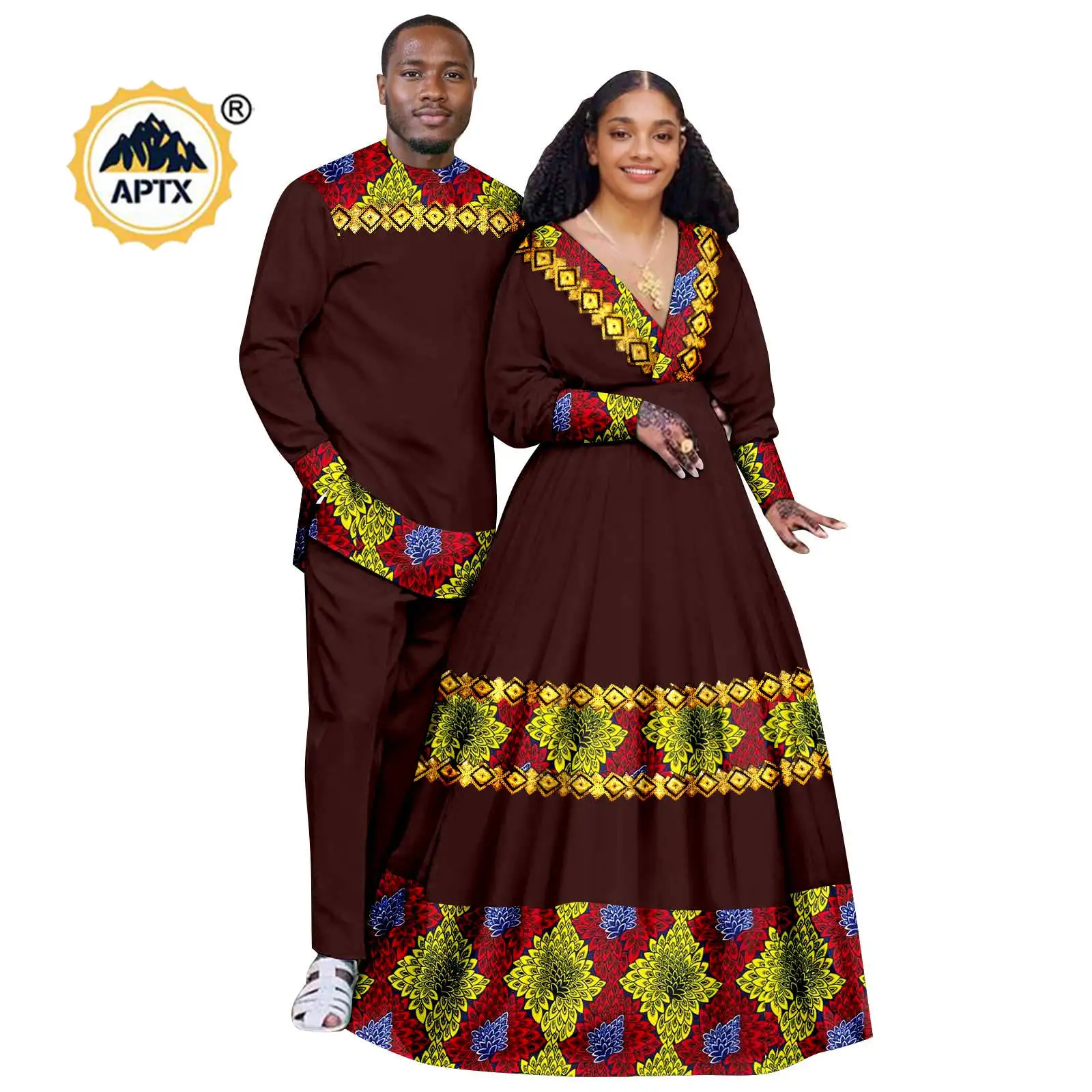 African Appliques Clothes Women Long Tutu Dresses Matching Couple Outfits Men Top and Pants Sets Dashiki Party Wedding 24C086