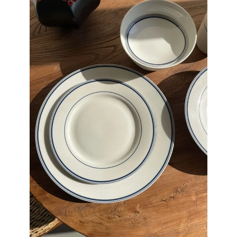 Simple Sle Blue and White Cerc Round Dinner Plate Soup Bowl Western Sle Home Use Diwaer Se Stripe Pattern Inch