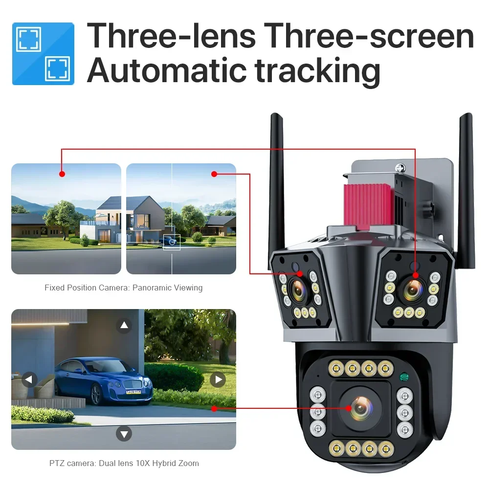 12MP HD IP Camera Outdoor Four lenses Three-Screen PTZ 4MP WiFi Camera Security Protection CCTV Color Night Vision