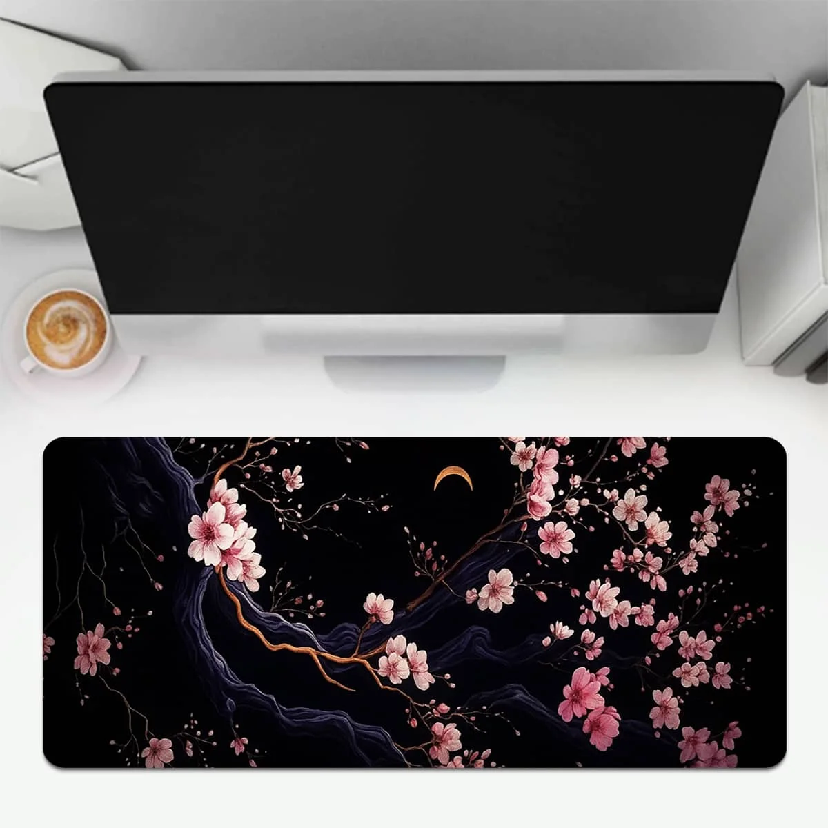قطعة واحدة من زهر الكرز الأسود والوردي الكبير مع لوحة ماوس على شكل هلال القمر، مطاط غير قابل للانزلاق ومتين، مثالية للألعاب والمكتب والهدايا