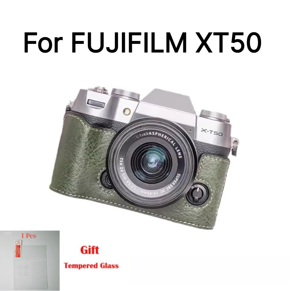For FUJIFILM XT50 Leather case X-T50 Micro-single Camera Bag Half Body Cover Camera Shoulder Strap +1PCS Free Tempered Film