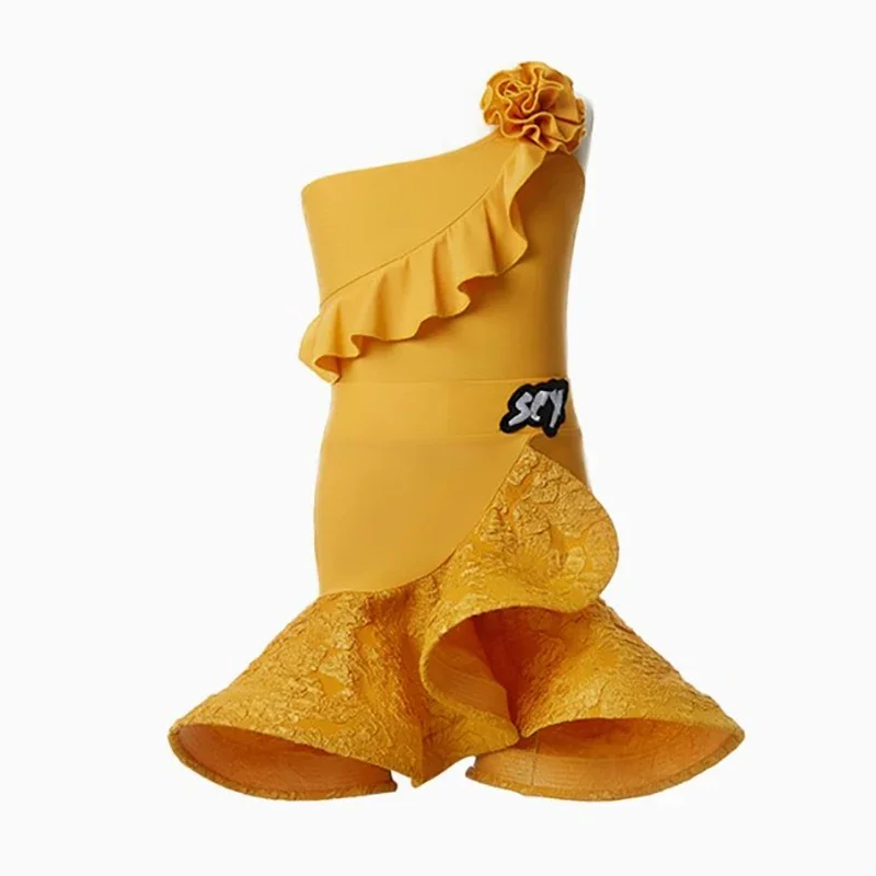 Kinder Mädchen One Shoulder Latin Dance Kleid Body Swing Rock Ballsaal Rumba Dancewear Training Chacha Performance Kostüme