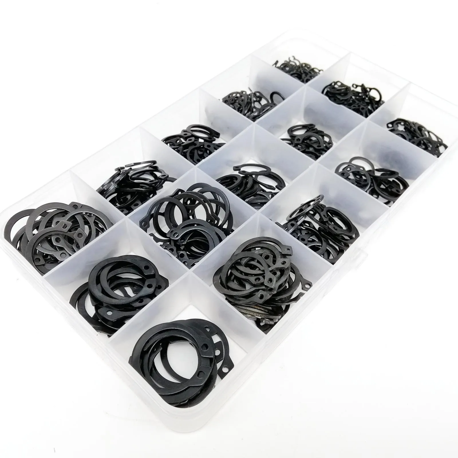 500pcs/box C Type External Circlip Clip Snap Ring Mix 15 Sizes M5 to M20 Kit Set for Shaft Bearing Retaining Black 65mn Steel