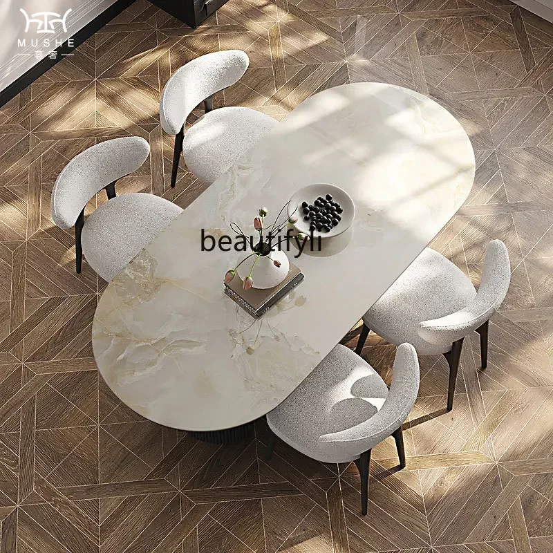 

Y French retro rock slab dining table and chair combination modern oval solid wood rock slab dining table