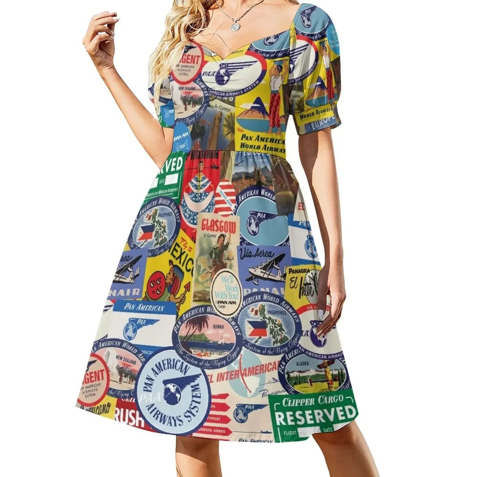 

Pan Am Travel Sticker Pattern Short-Sleeved Dress women's clothing trend 2025 birthday dress for women Long dress woman
