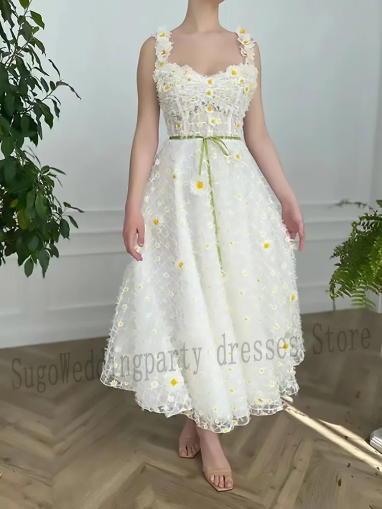 Daisy Lace Evening Dresses Wedding Party Prom Gowns for Woman Fashion Ivory A-Line Tea-Length Free shipping Birthday Dresses