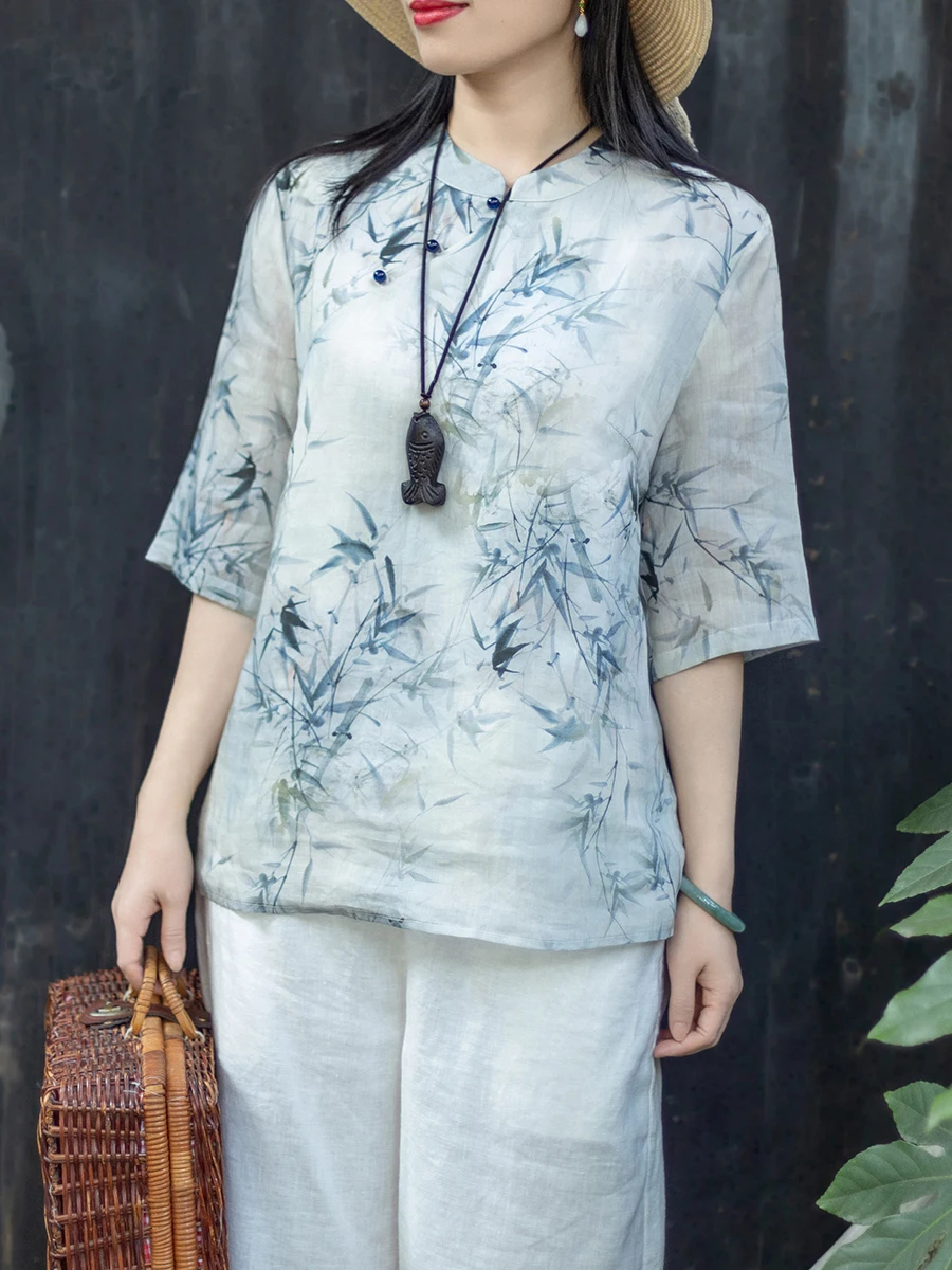 

Новая китайская женская рубашка из хлопка и льна с принтом, воротником-стойкой, пятью рукавами и косыми пуговицами, модная, для повседневной носки.