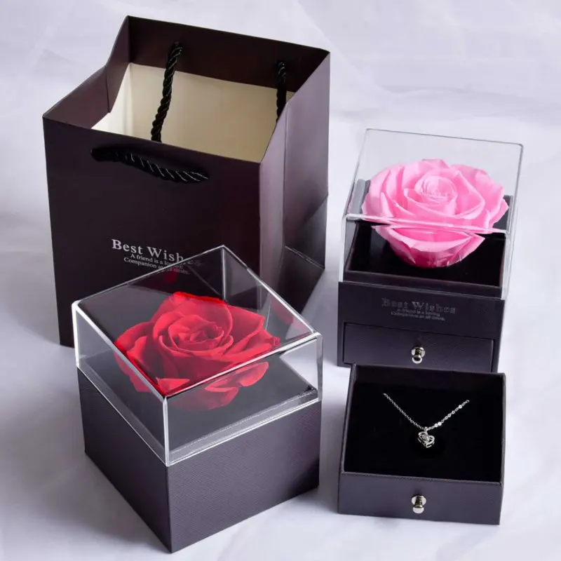 Preserved Real Rose Necklace Jewelry Gift Box Handmade Eternal Flower for Wedding Birthday for Her (Without necklace)