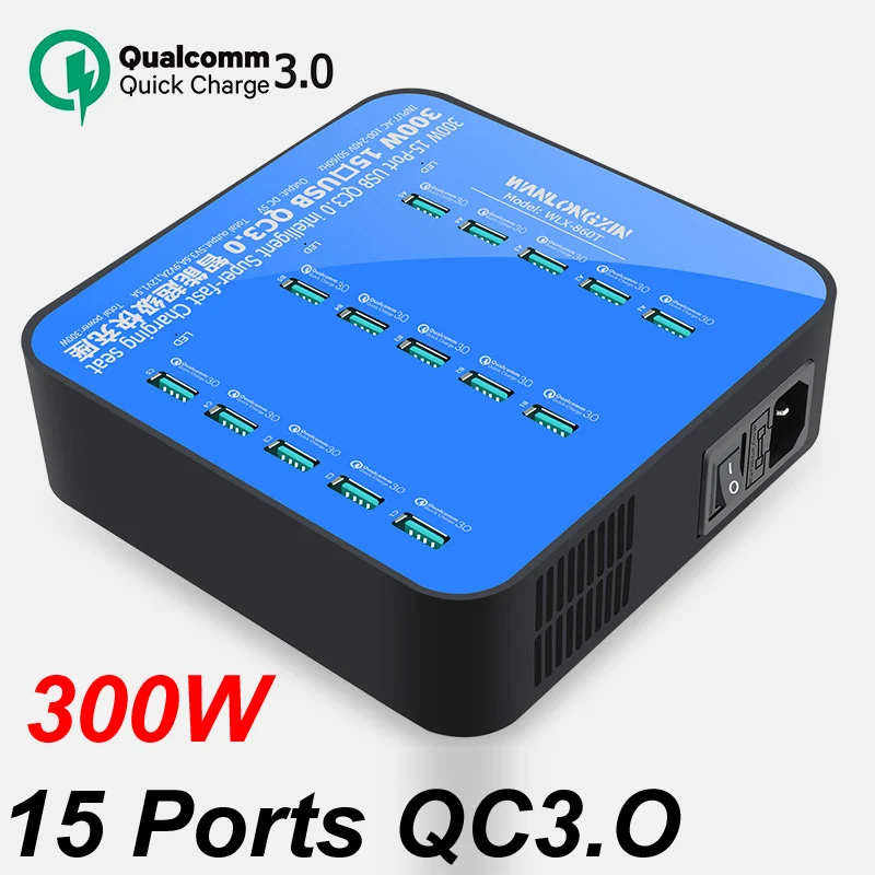 300W AC Plug 15 Ports QC 3.0 Quick Fast Charging USB Charger Stand Desktop 5V3.4A/9V2A/12V1.5A For iPhone Phones Tablet PC