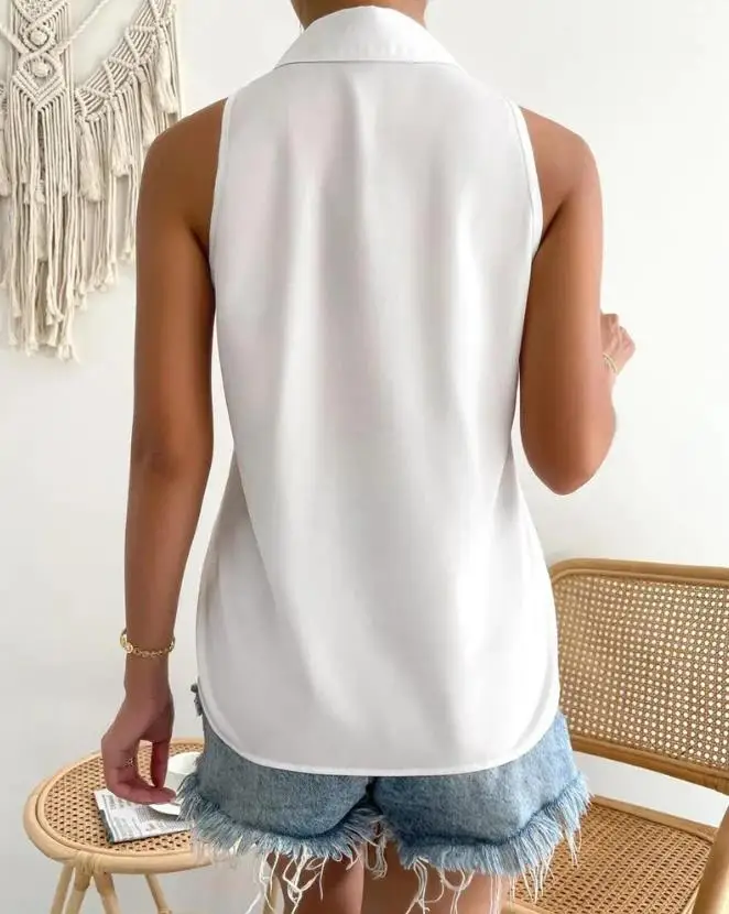 Women White Shirt Summer European & American Fashion Plain Casual Blouses Women\'s Turn Down Collar Sleeveless Buttoned Top