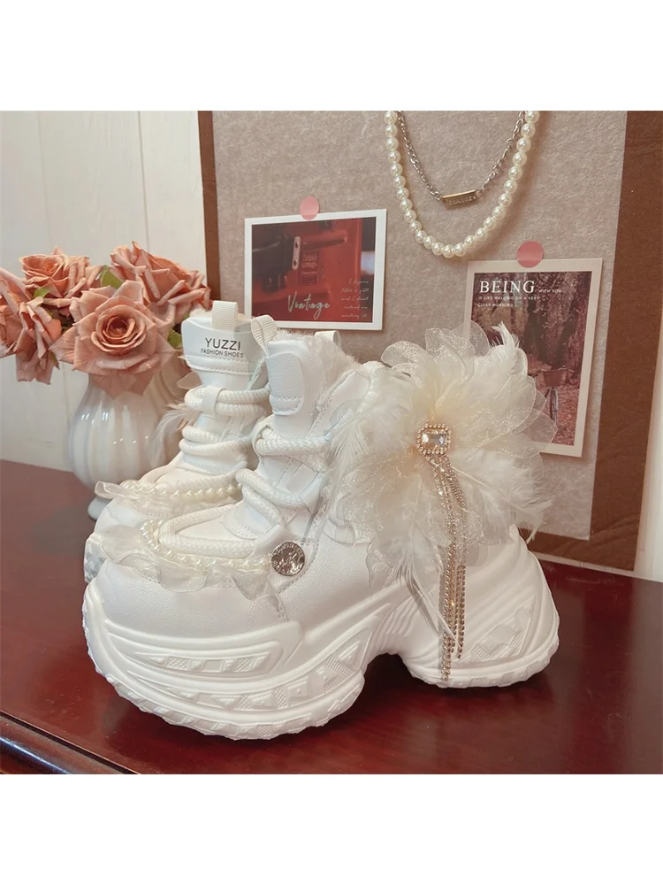 

2025 Winter Height Increase Plush Hairy Dad Shoes White Leather Cotton Boots Tassel Lolita Girls' Casual Shoes