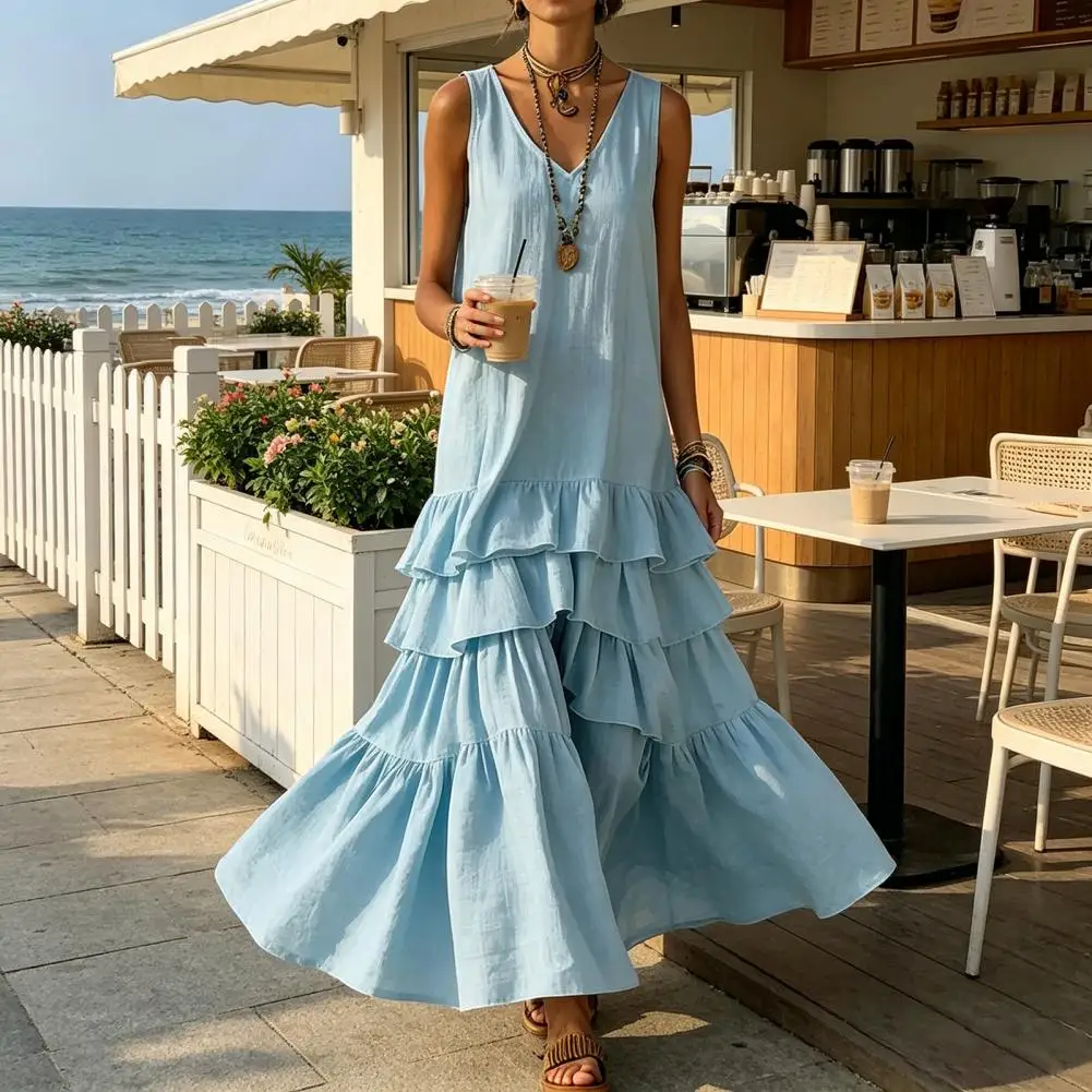 Summer Women's Sleeveless Maxi Dress V Neck Tiered Ruffle Loose Flowy Beach Sundress Casual Long Tank Dress Vacation Daily Wear - view 4