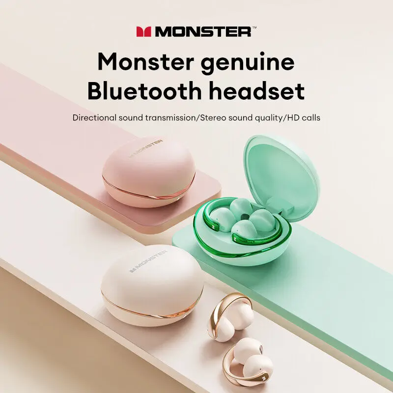 Monster XKT30 Wireless Bluetooth V5.4 Headset Ear Clip Dual Mode Earphones Bass Enhancement Surround Sound Earbuds