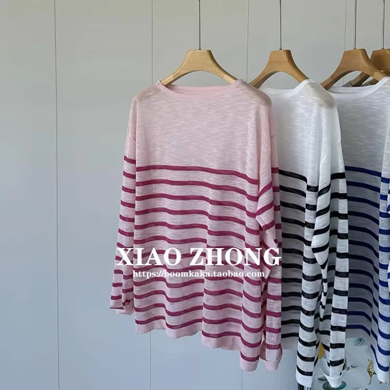 

Women Striped Thin Linen Long Sleeve T-shirt Summer Thin Loose Casual O-neck Knitted Tops Breathable Comfortable Knitwear