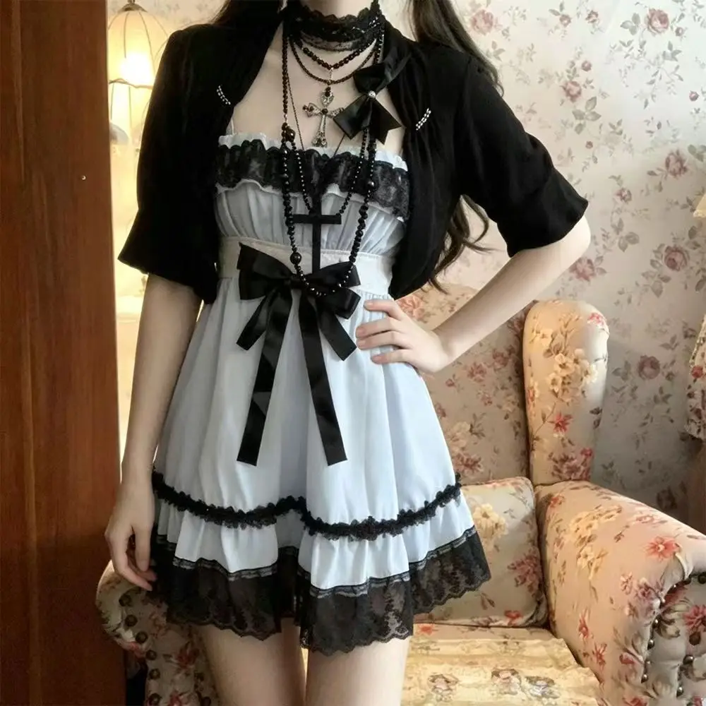 Stylish Punk Party Lolita 2 Piece Set Women Sweet Short Cardigan Japanese Y2K Retro Mini Dress Harajuku Party Outfits