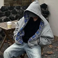 American Vintage Gothic Blue Striped Plaid Reversible Hoodie Casual Retro Zipper Hooded Sweatshirt Hip-Hop Oversized Hoodie A