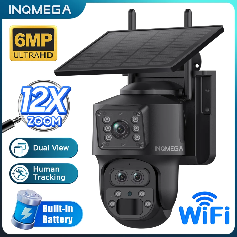 

INQMEGA Solar Camera 4G SIM/WIFI 3K 6MP 15X ZOOM three Lens Recording Dual Screen Human Auto Tracking Color Night Vision UBox