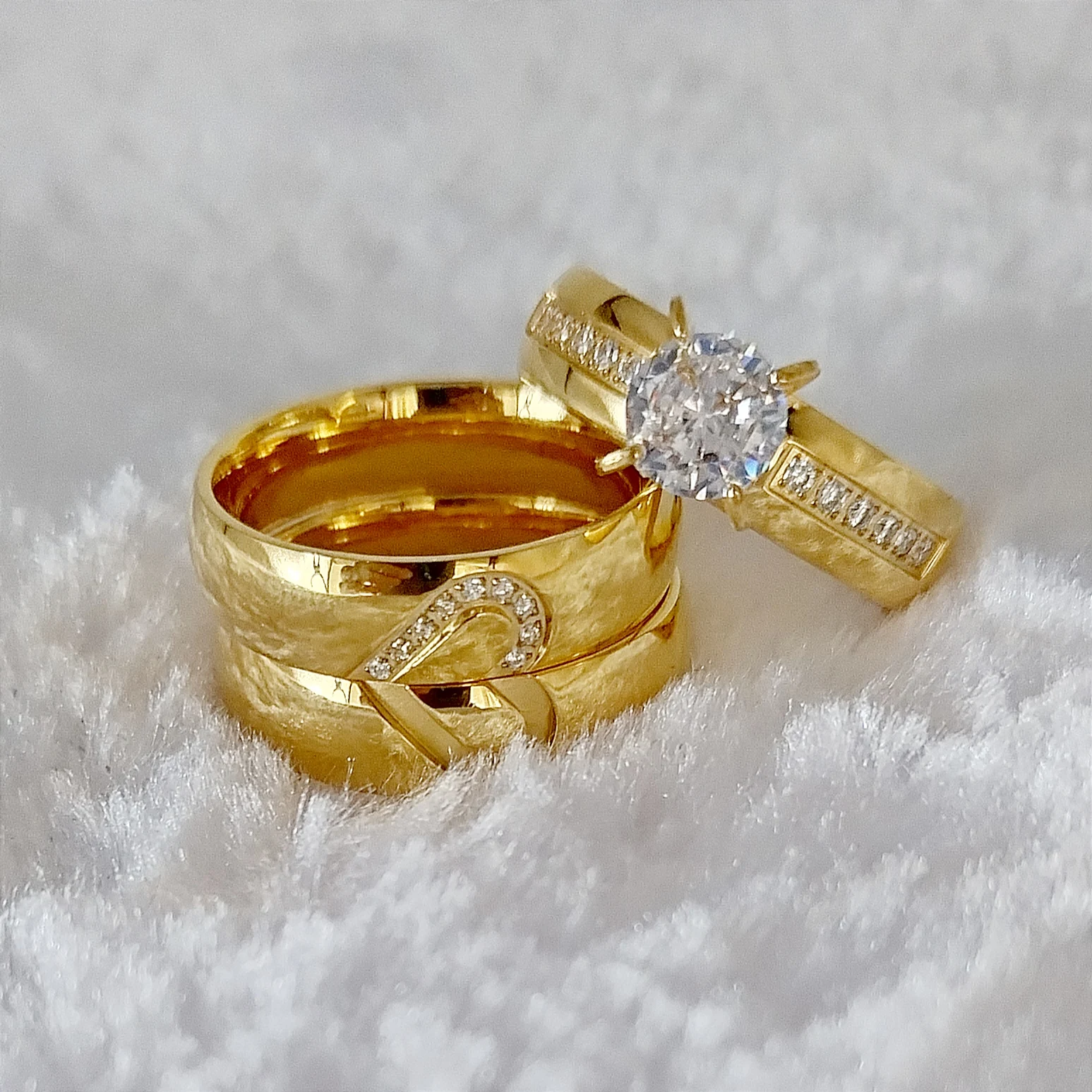 Western Designer Titanium Jewelry Ring cz Diamond Lover\'s Hearts 18k Gold Plated Wedding Engagement Ring Sets for Men and Women