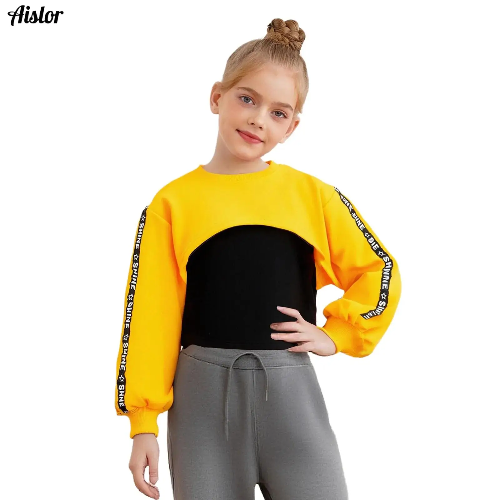 

Kids Girls Sweatshirt Letter Printed Cotton Long Sleeve Asymmetrical Hem Crop Top Hip-Hop Jazz Dance Skateboarding Streetwear