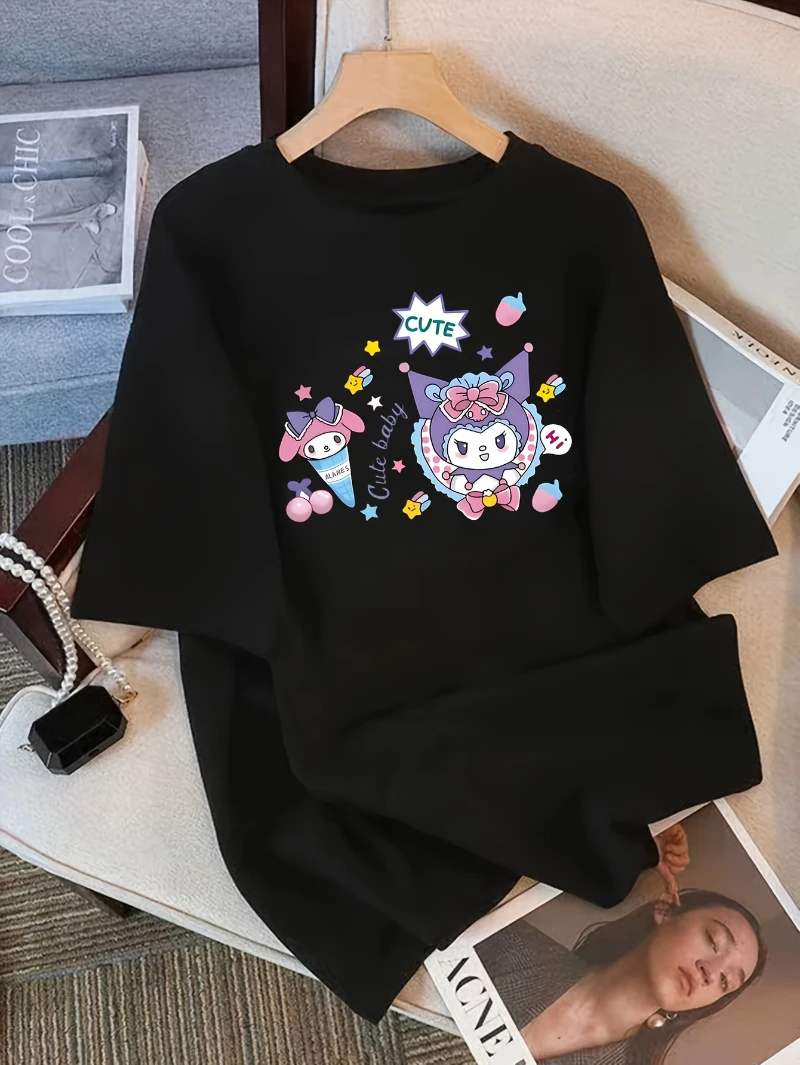 

Sanrio Kuromi Melody женская летняя повседневная чистая футболка с милым принтом аниме-персонажей, включая узоры Kuromi и Melody