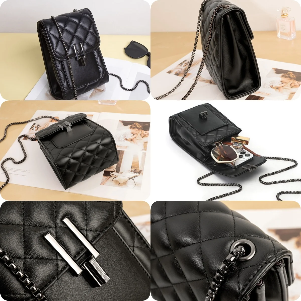 Schwarze Vertikale Leder-Handytasche für Damen mit Metallschnalle und Langer Kettengurt – Detail 3