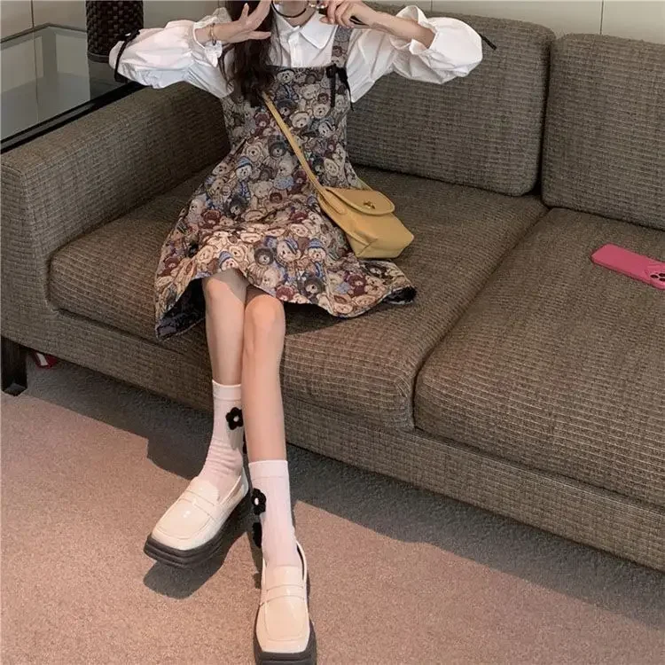 ドレス、ボウシャツ、ツーリトルベアストラップスカート、スイートニューロングスリーブセットデザイン