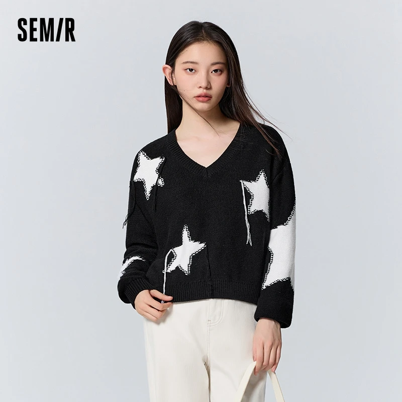 Semir Sweater Women Short Style Five-Pointed Star Sweater Winter Loose Style V-Neck Niche Trendy Sweater