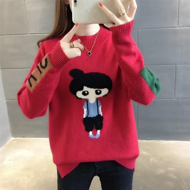 2023 Autumn and Winter Women\'s Pullover Solid Round Neck Long Sleeve Sweater Embroidery Patchwork Knit Preppy Style Fashion Tops