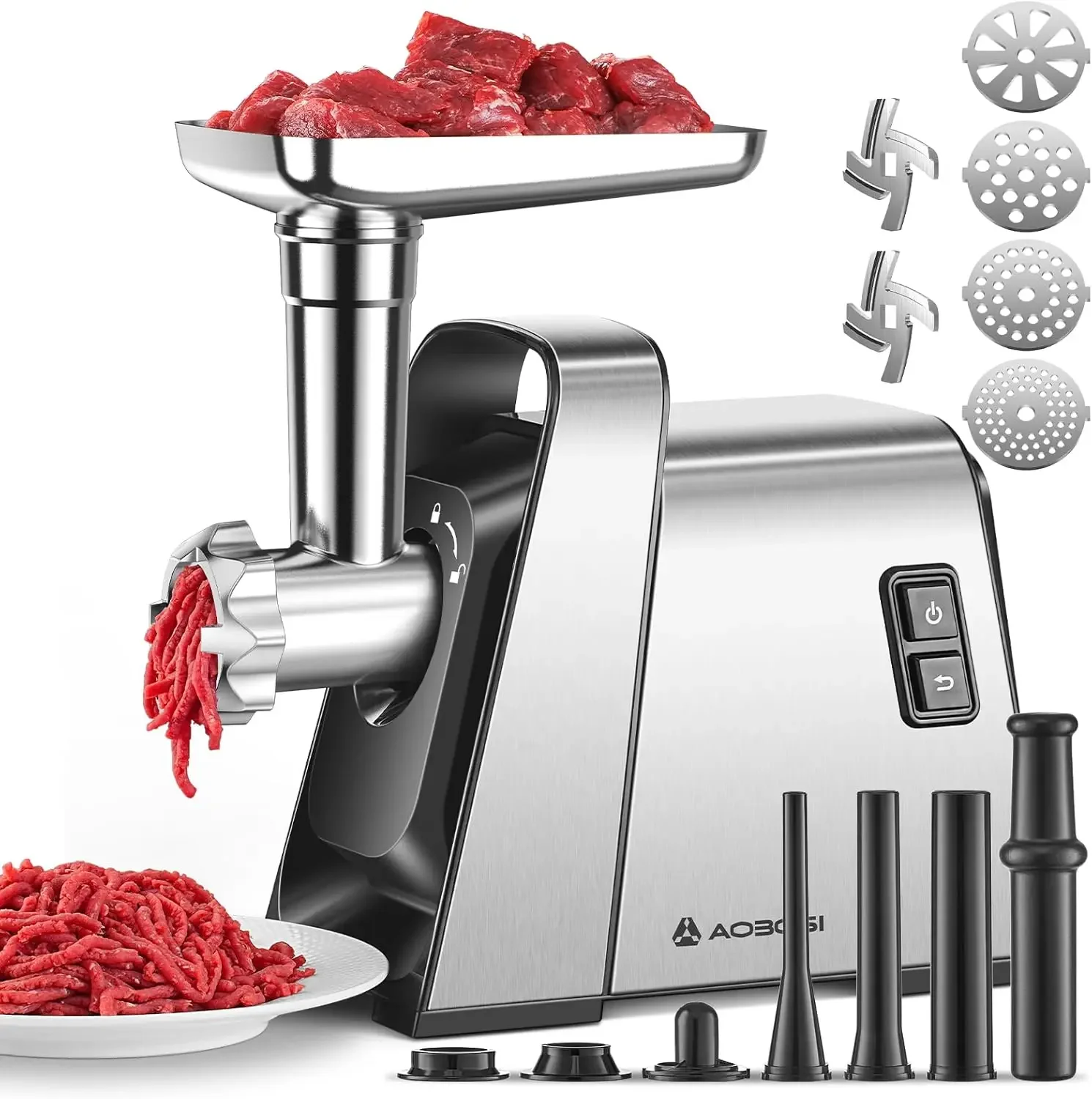 

Meat Grinder Electric, [3000W Max] Meat Grinder Heavy Duty with 2 Stainless Steel Blades & 4 Grinding Plates, Sausage Maker