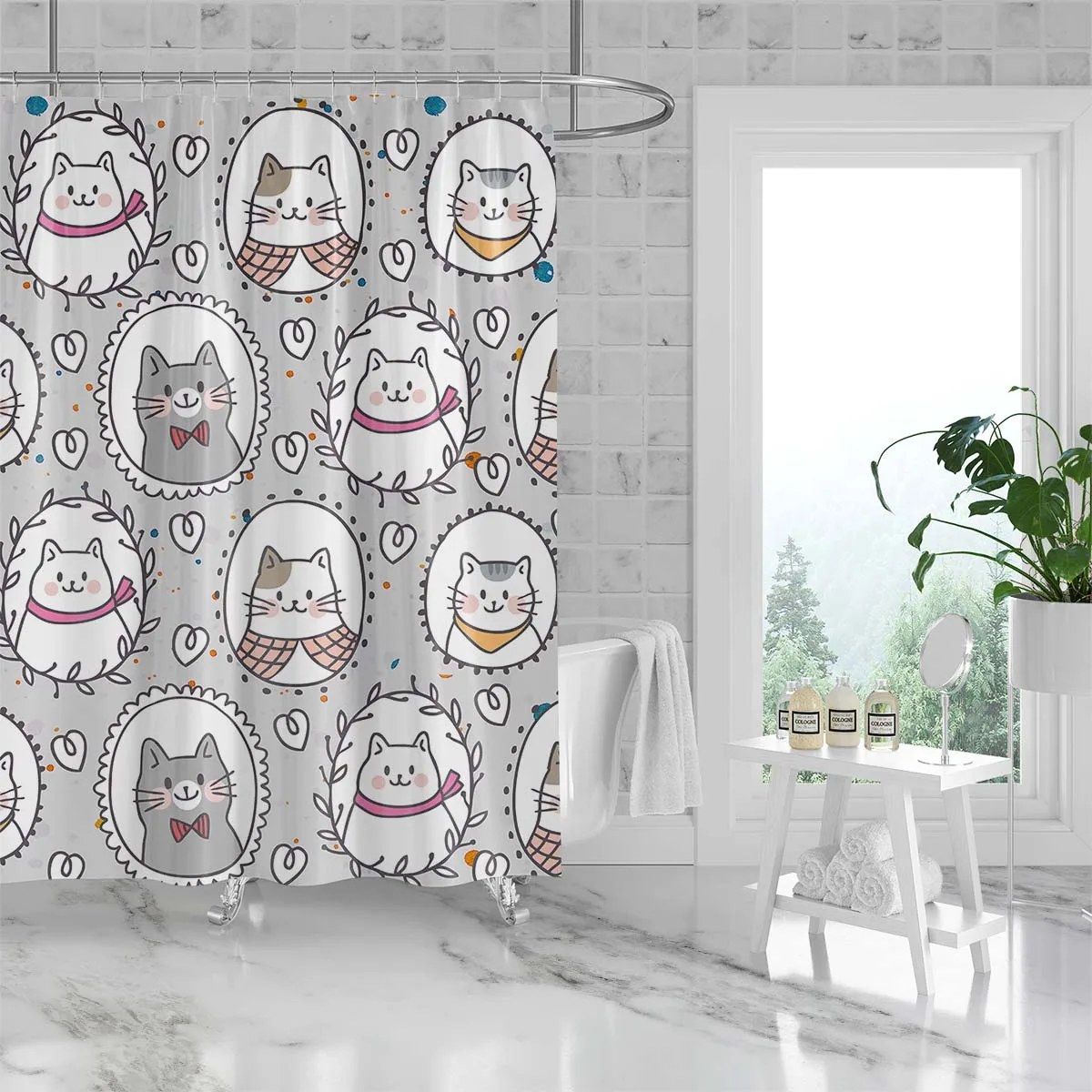 180x180cm bathroom waterproof polyester shower curtain, mold resistant, perforated with hooks, light gray surface for kittens