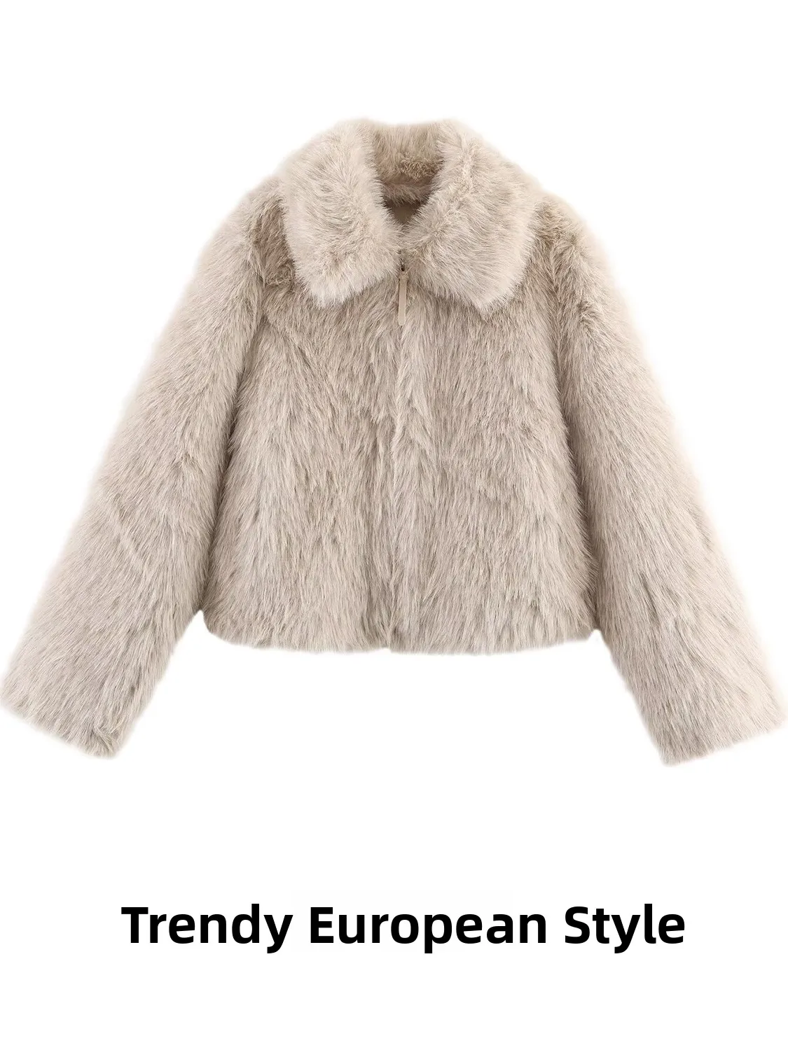 

Fall 2025 New Women's Faion Synthetic Fur Jaet Coat Stand Version Long Sve Zipper Closure Daily Wear Polyester Mate...