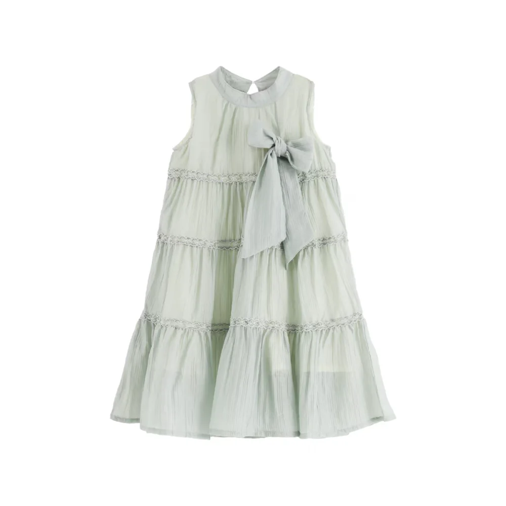 

Elegant Ruffle Girls Princess Dress Large Bow Loose Summer Cake Dress Sweet Party Teens Long Dress Students