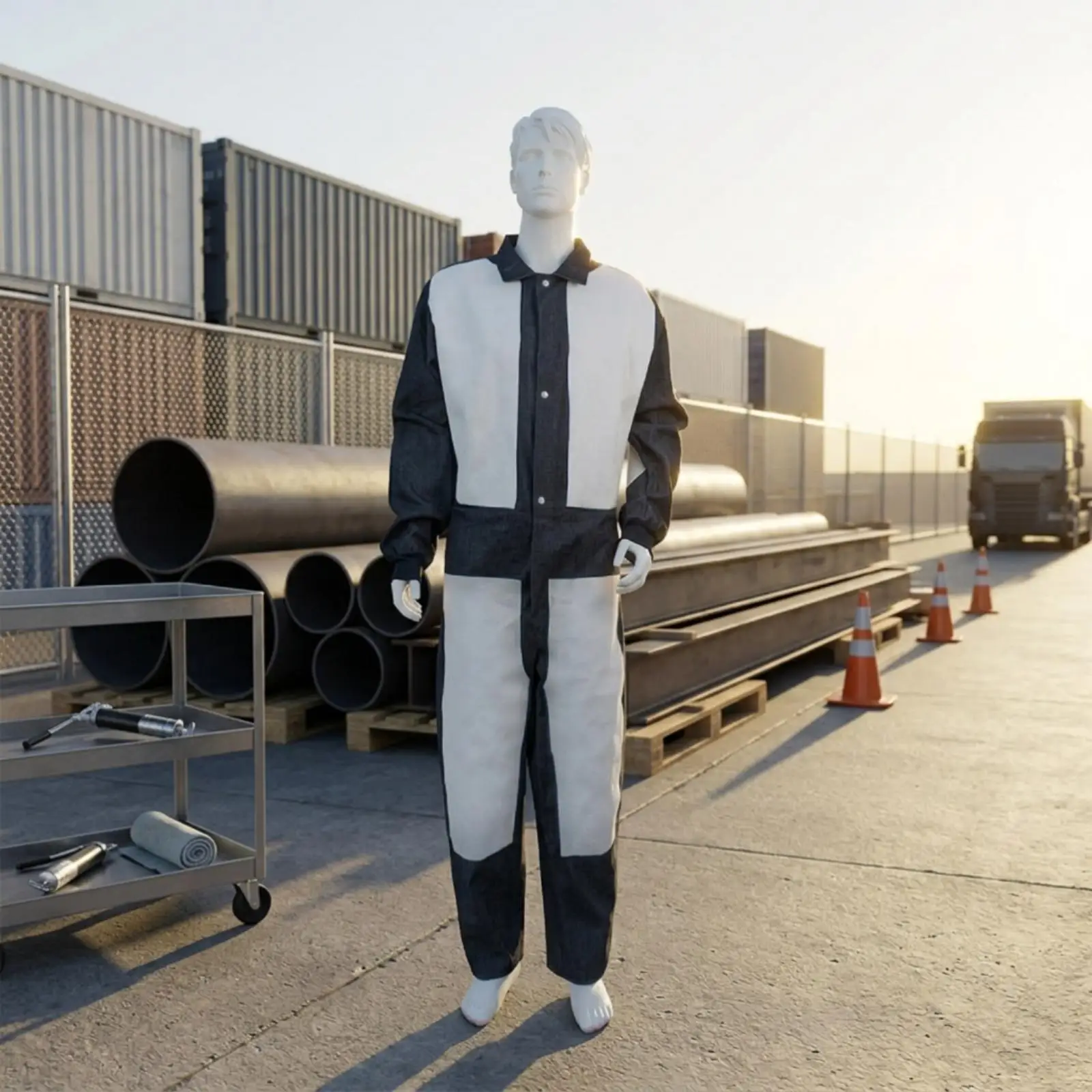 Protective Coverall Rugged Denim Cowhide Reinforced One Piece Work Jumpsuit Dust Debris Resistant for Construction