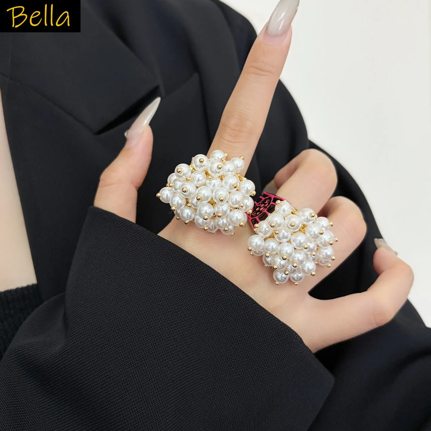 Unique French Vintage Pearl Enamel Adjustable Ring Wide Statement Style